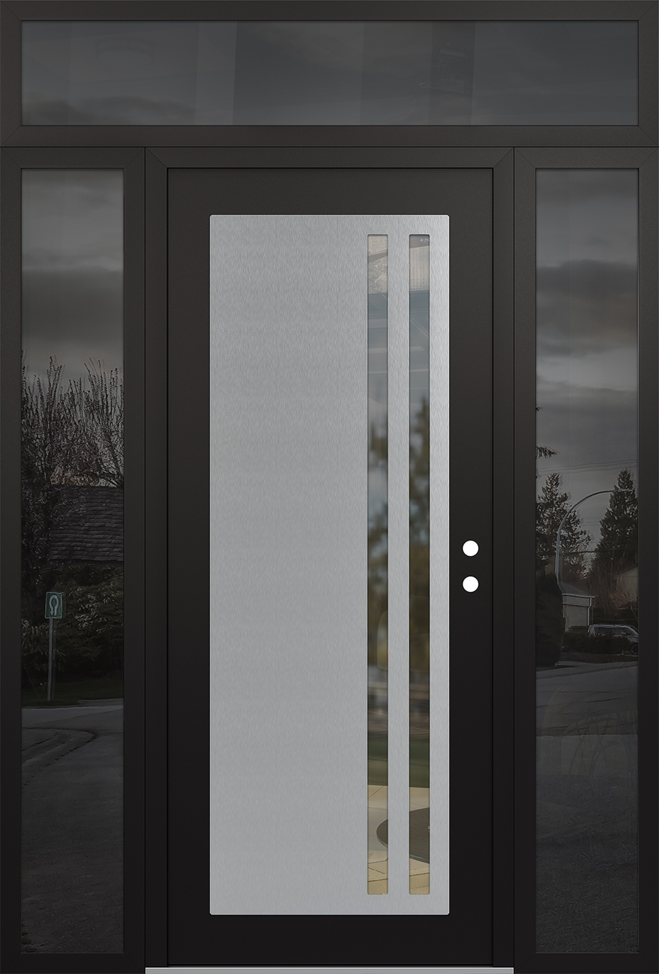 Modern Steel Front Door Diamond C6 68" x 96" black/black clear Glass Panel stainless steel LHI with 2 Sidelites and Transom mirrored Glass