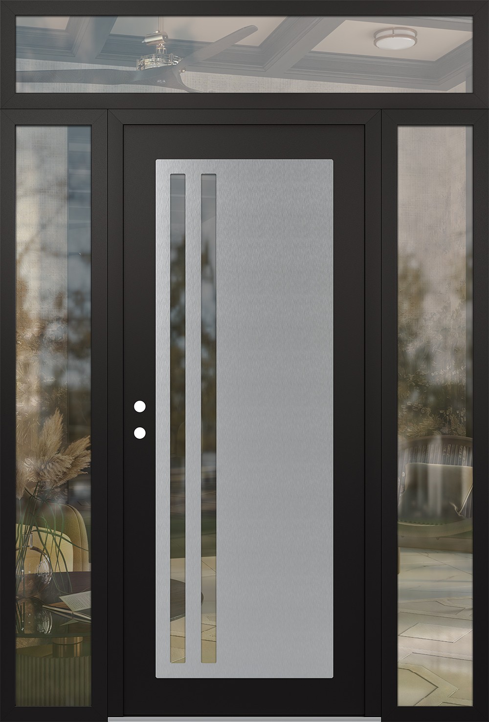 Modern Steel Front Door Diamond C6 68" x 96" black/black clear Glass Panel stainless steel RHI with 2 Sidelites and Transom clear Glass