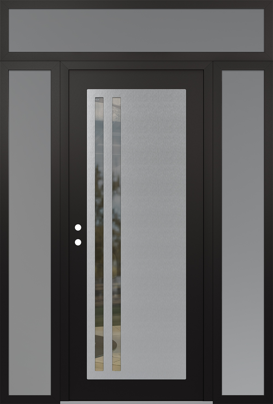 Modern Steel Front Door Diamond C6 68" x 96" black/black clear Glass Panel stainless steel RHI with 2 Sidelites and Transom frosted Glass