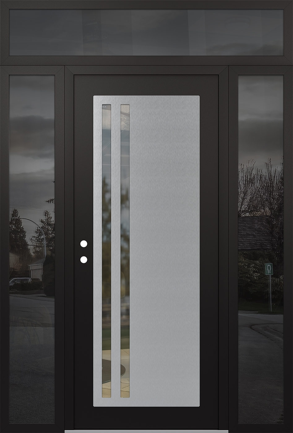 Modern Steel Front Door Diamond C6 68" x 96" black/black clear Glass Panel stainless steel RHI with 2 Sidelites and Transom mirrored Glass
