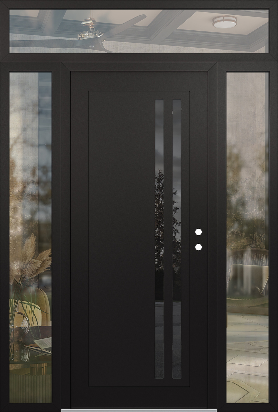 Modern Steel Front Door Diamond C6 68" x 96" black/black mirrored Glass Panel black LHI with 2 Sidelites and Transom clear Glass