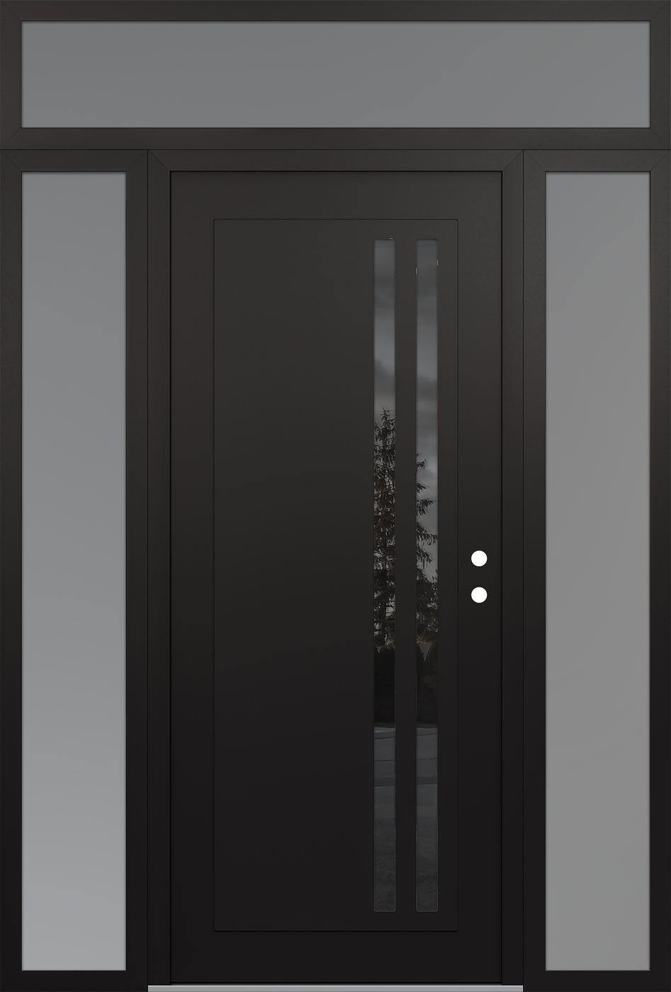 Modern Steel Front Door Diamond C6 68" x 96" black/black mirrored Glass Panel black LHI with 2 Sidelites and Transom frosted Glass