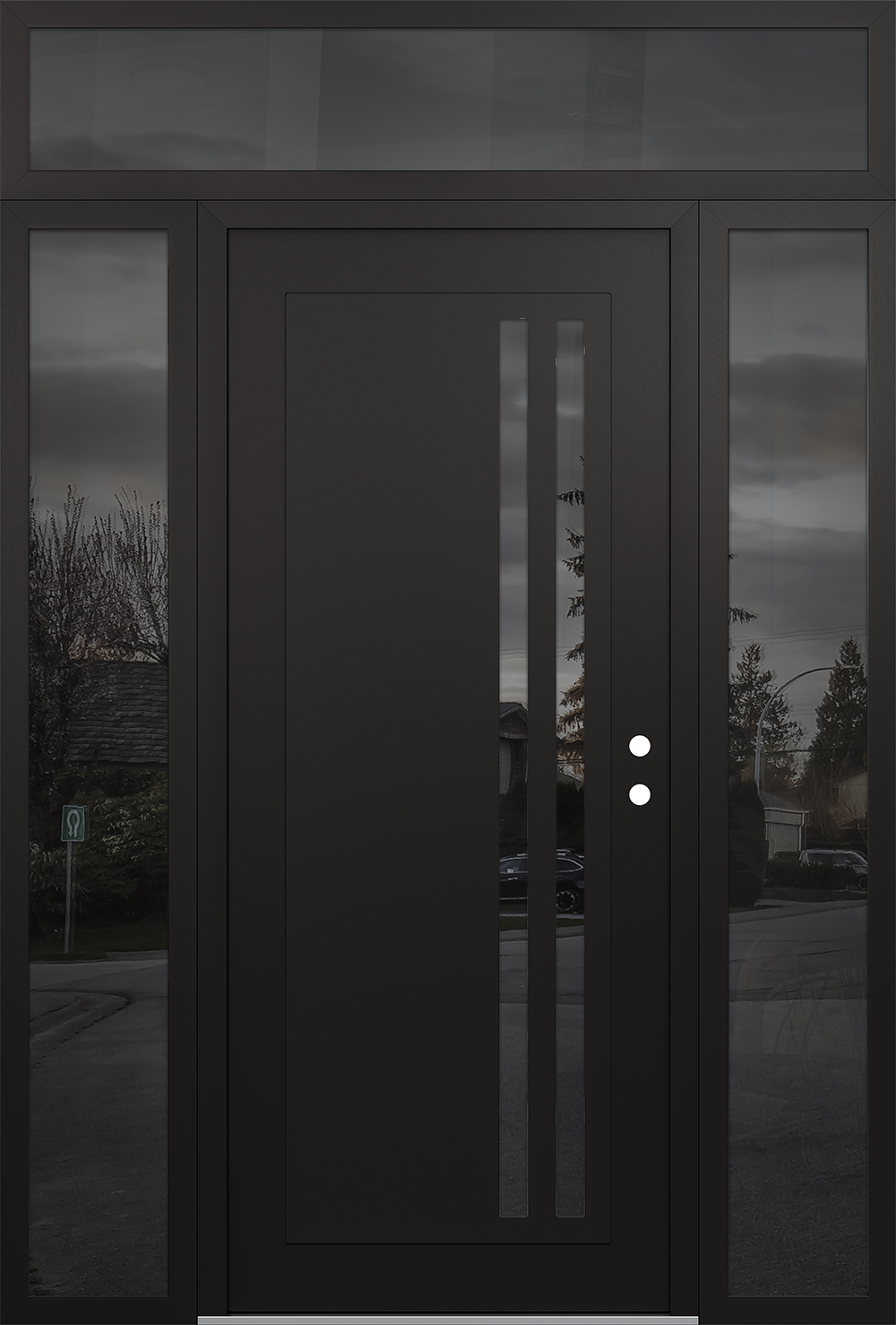 Modern Steel Front Door Diamond C6 68" x 96" black/black mirrored Glass Panel black LHI with 2 Sidelites and Transom mirrored Glass
