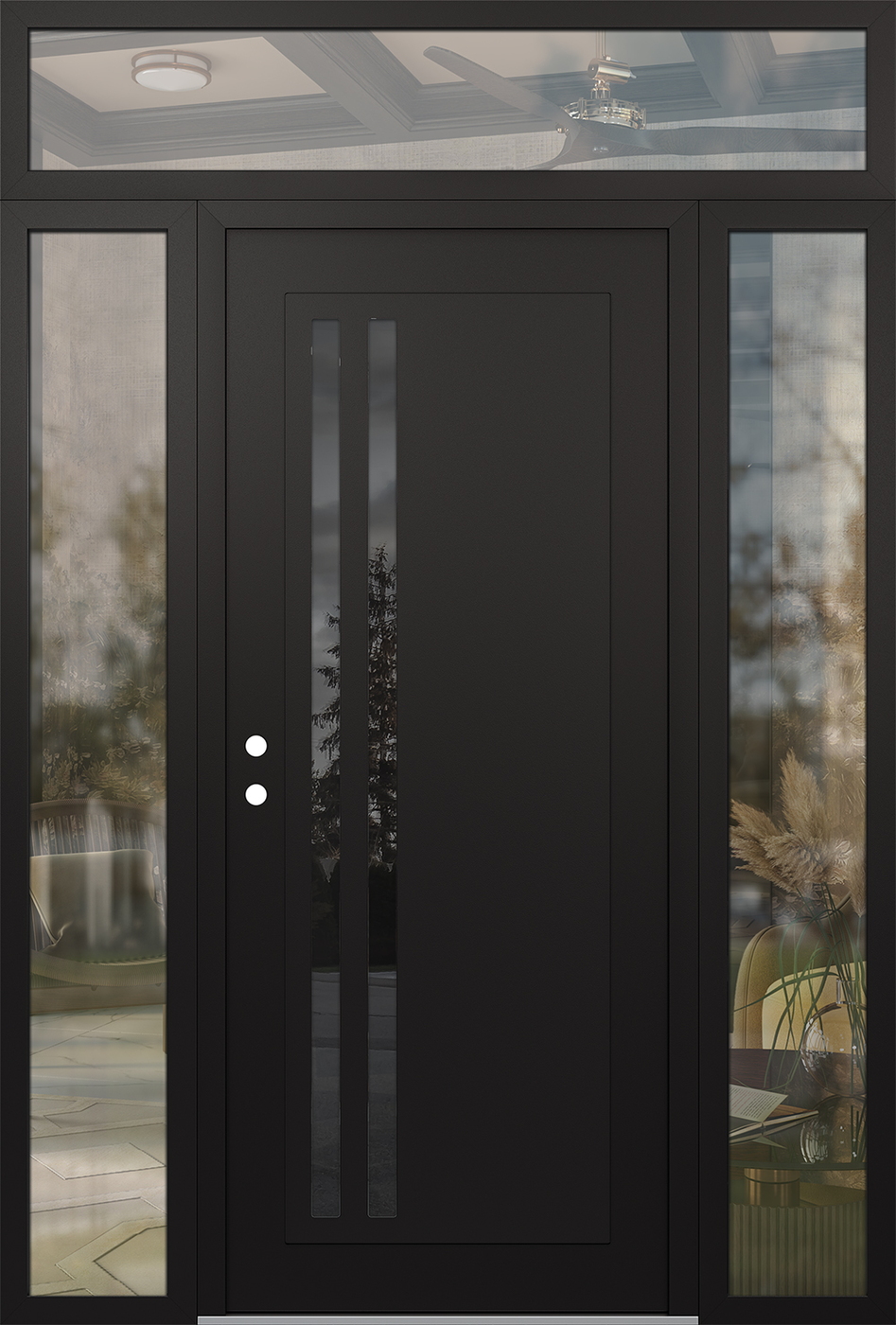 Modern Steel Front Door Diamond C6 68" x 96" black/black mirrored Glass Panel black RHI with 2 Sidelites and Transom clear Glass