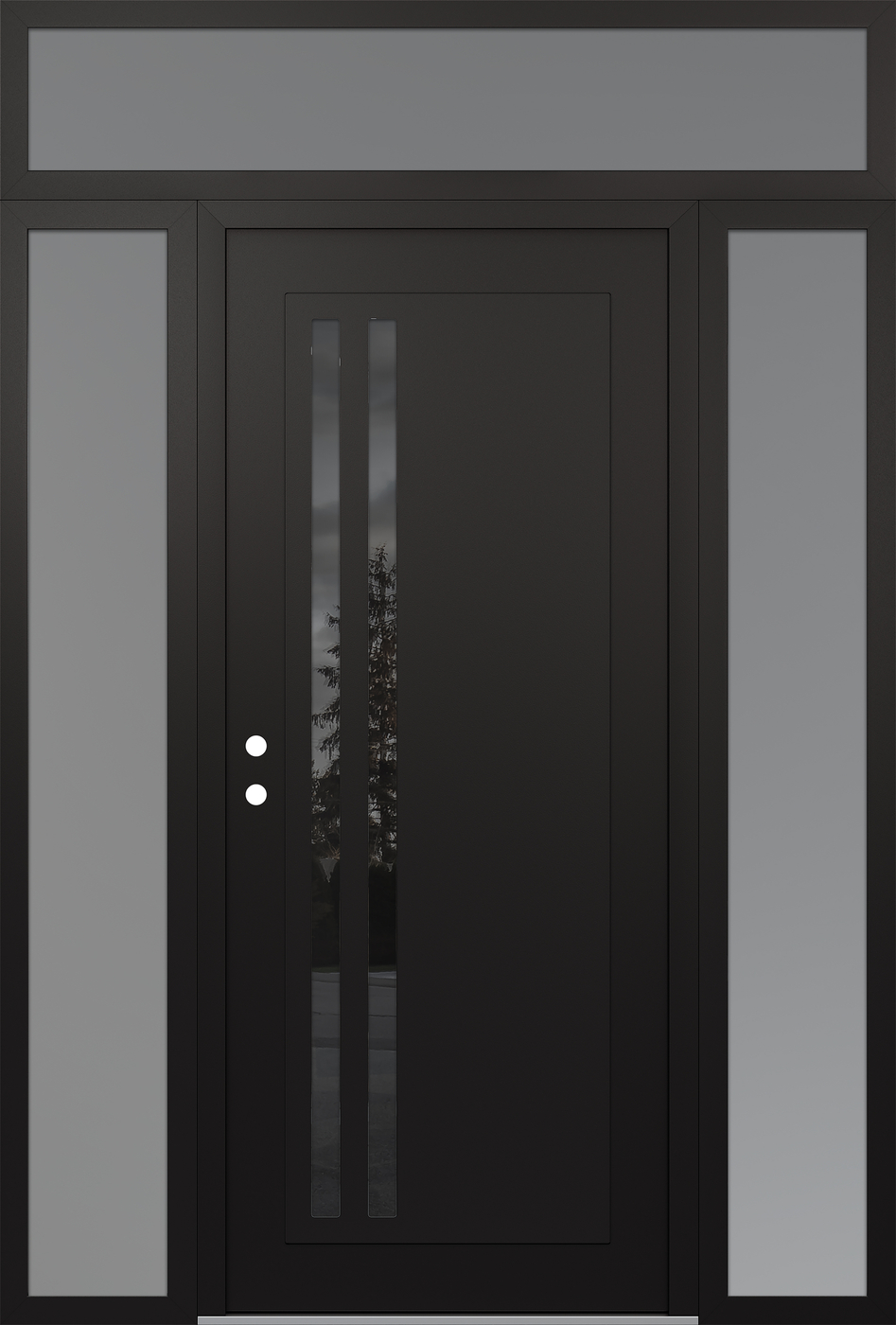 Modern Steel Front Door Diamond C6 68" x 96" black/black mirrored Glass Panel black RHI with 2 Sidelites and Transom frosted Glass