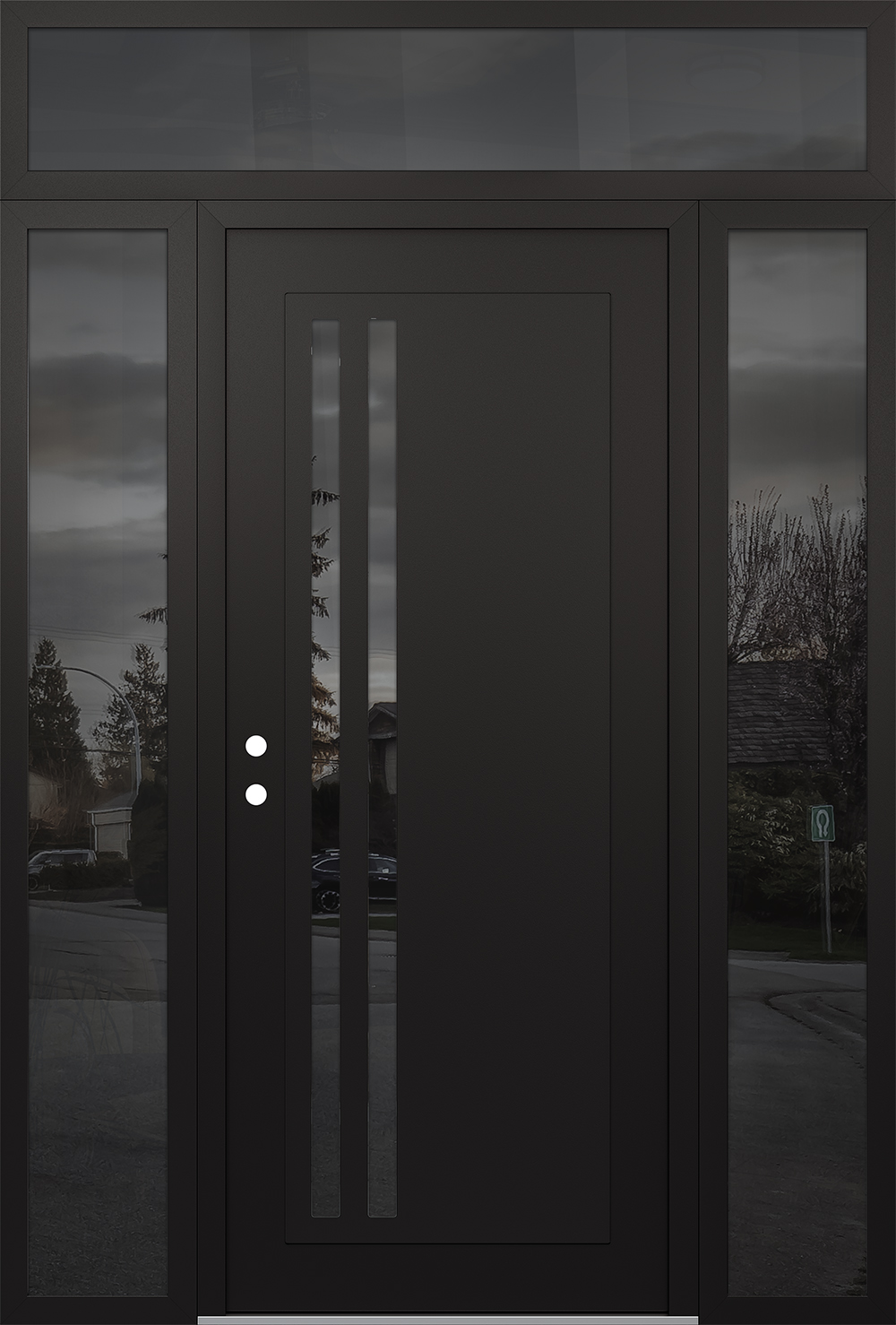 Modern Steel Front Door Diamond C6 68" x 96" black/black mirrored Glass Panel black RHI with 2 Sidelites and Transom mirrored Glass