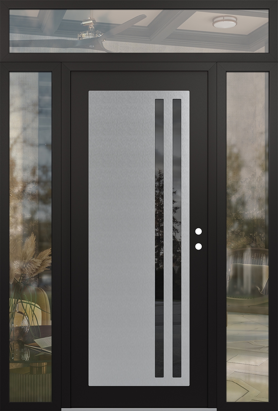 Modern Steel Front Door Diamond C6 68" x 96" black/black mirrored Glass Panel stainless steel LHI with 2 Sidelites and Transom clear Glass