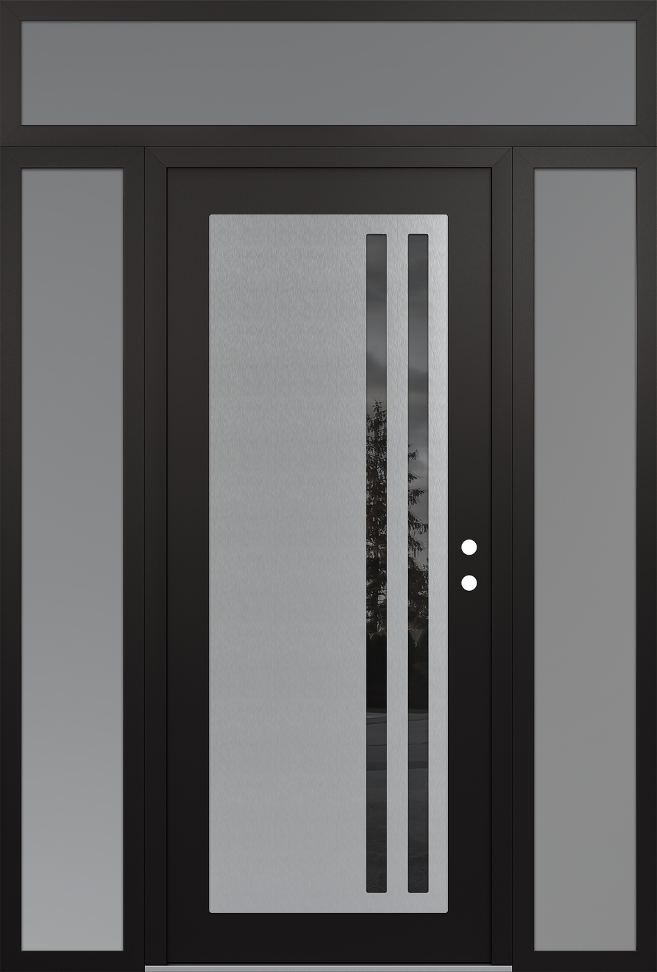 Modern Steel Front Door Diamond C6 68" x 96" black/black mirrored Glass Panel stainless steel LHI with 2 Sidelites and Transom frosted Glass