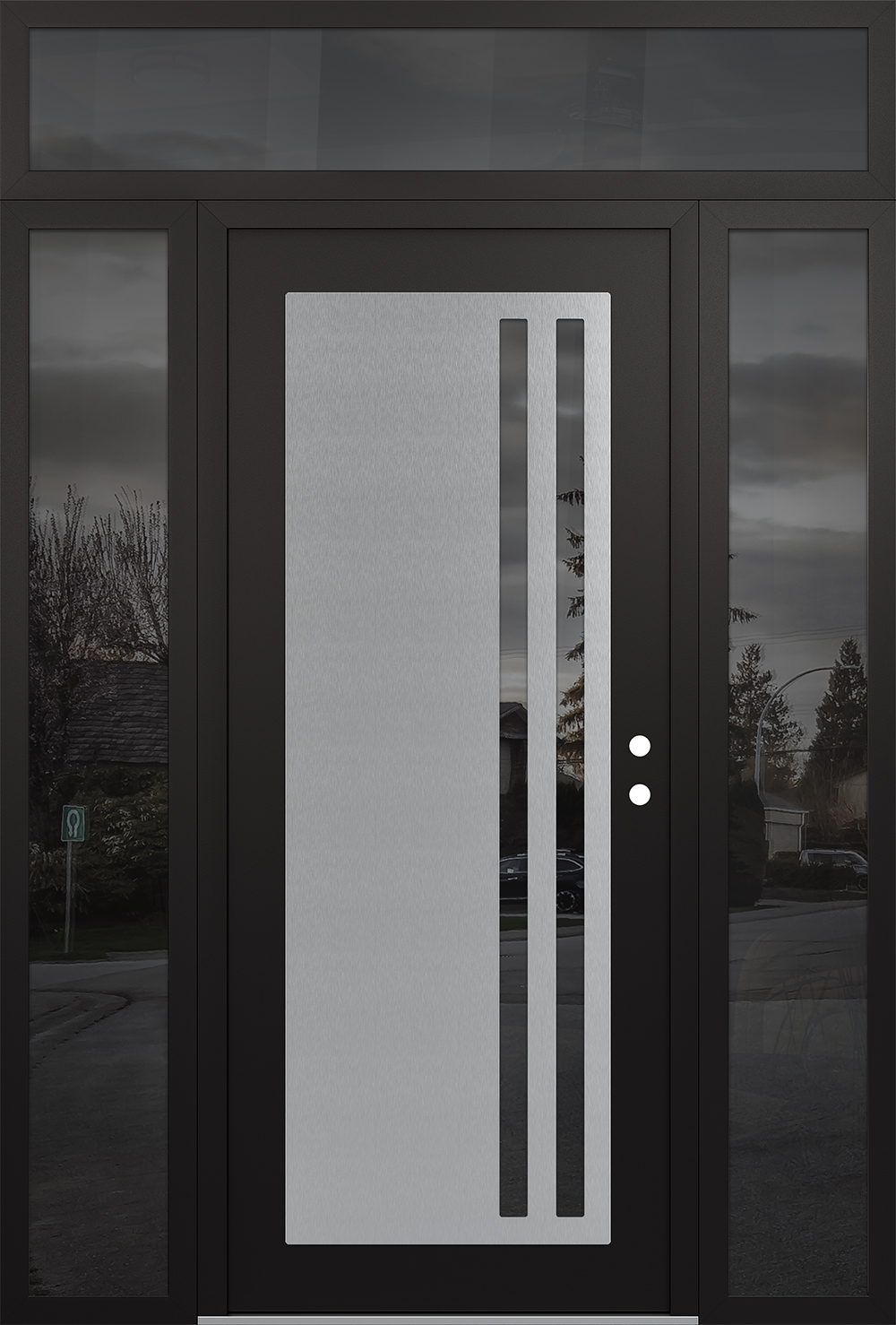Modern Steel Front Door Diamond C6 68" x 96" black/black mirrored Glass Panel stainless steel LHI with 2 Sidelites and Transom mirrored Glass