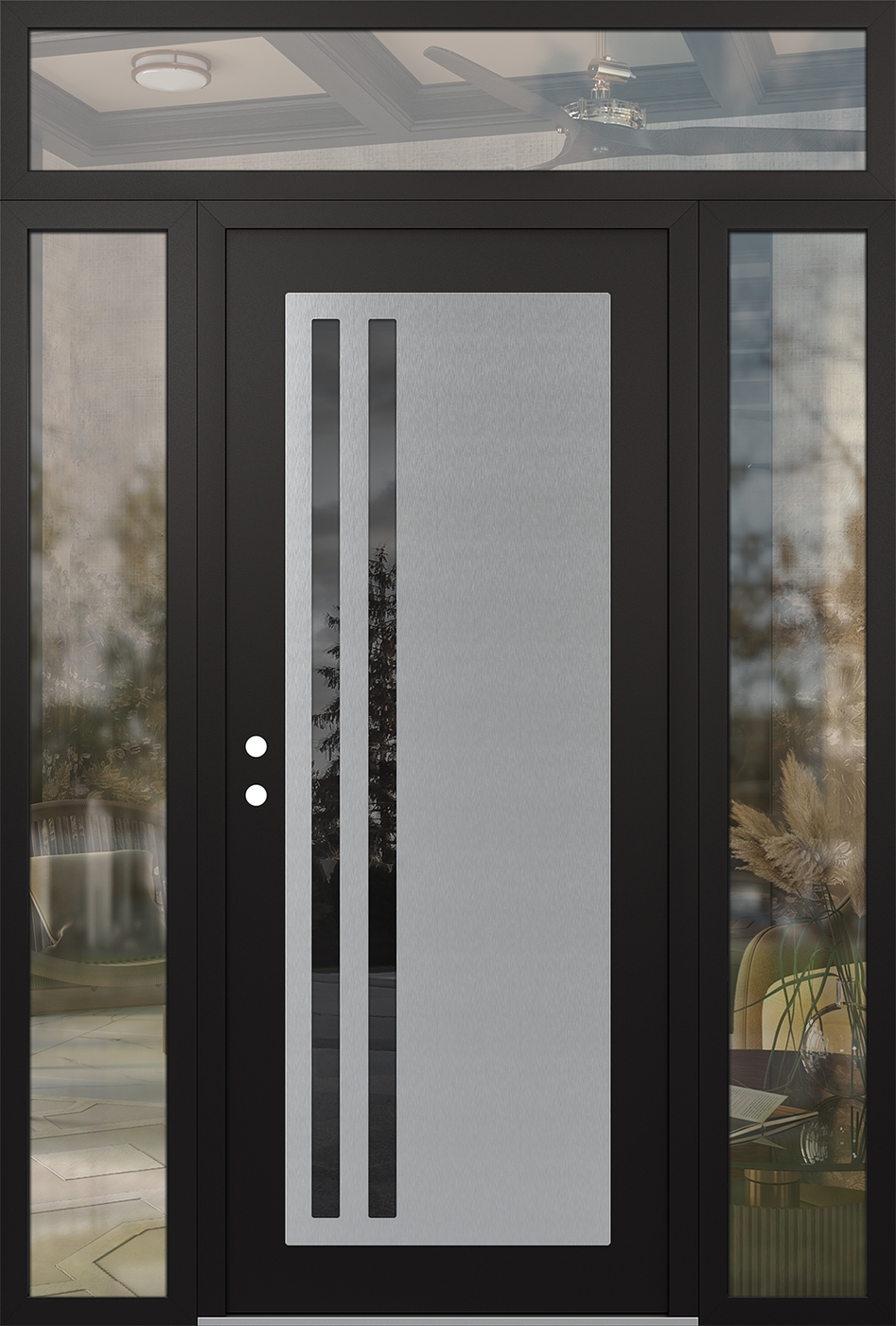 Modern Steel Front Door Diamond C6 68" x 96" black/black mirrored Glass Panel stainless steel RHI with 2 Sidelites and Transom clear Glass