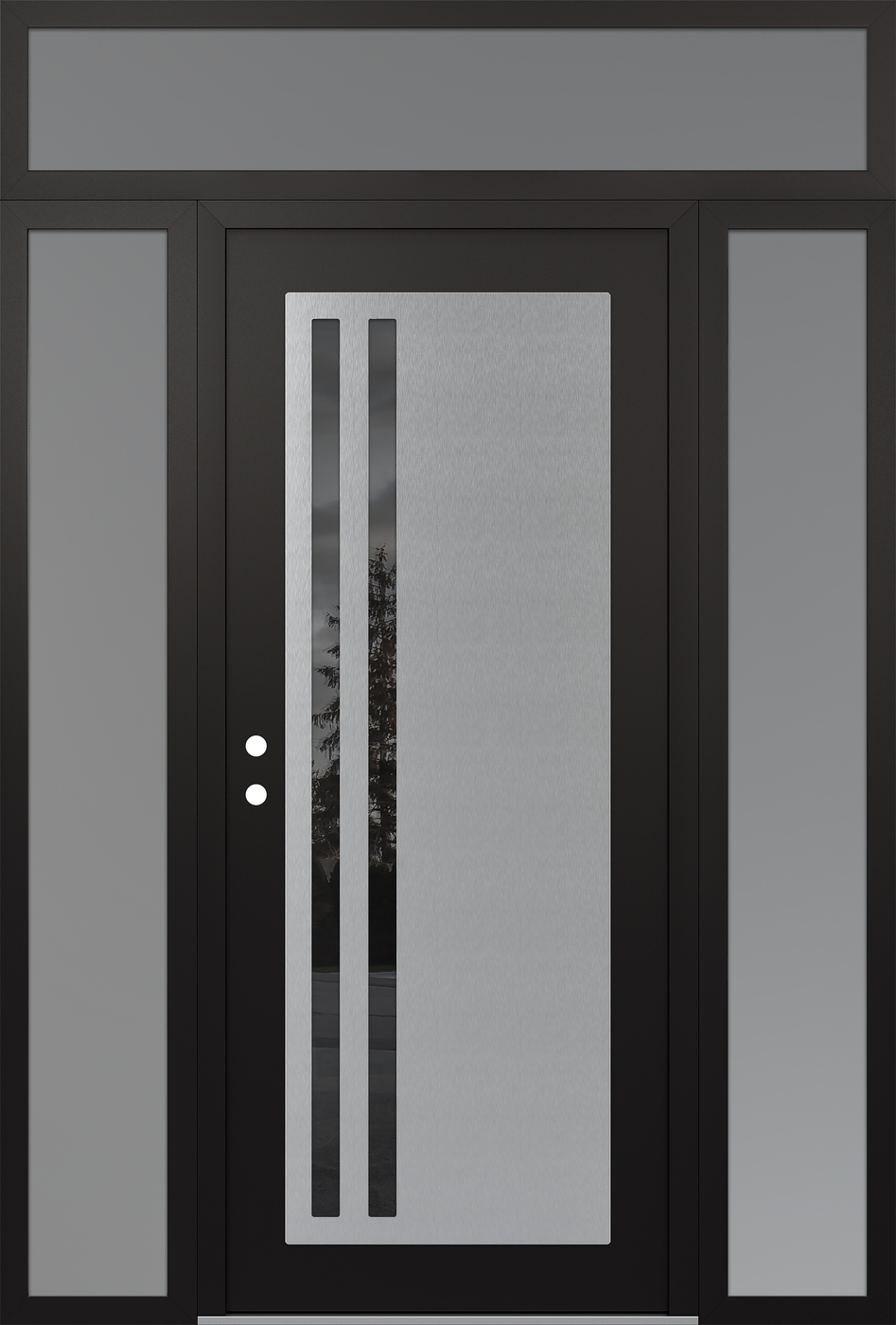 Modern Steel Front Door Diamond C6 68" x 96" black/black mirrored Glass Panel stainless steel RHI with 2 Sidelites and Transom frosted Glass