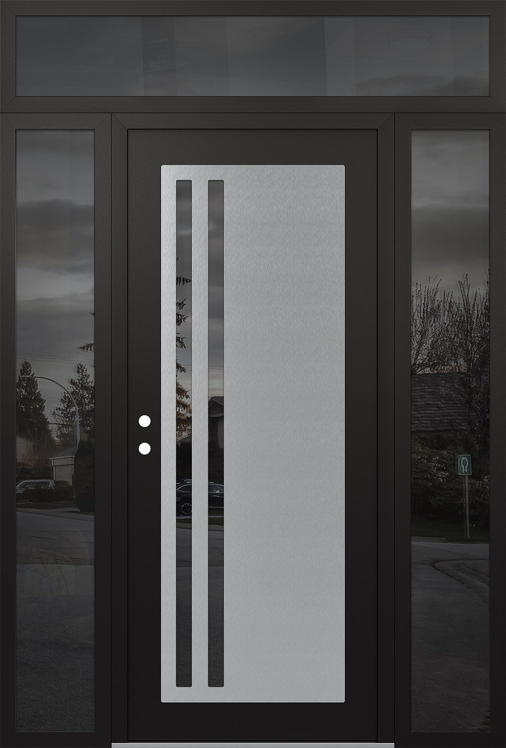 Modern Steel Front Door Diamond C6 68" x 96" black/black mirrored Glass Panel stainless steel RHI with 2 Sidelites and Transom mirrored Glass