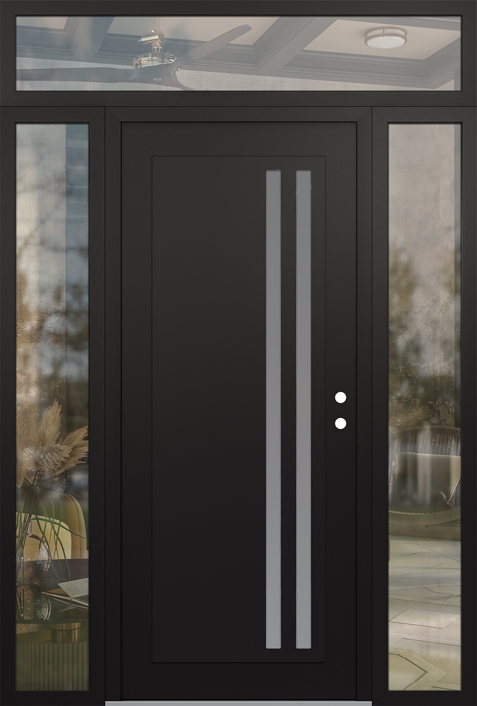 Modern Steel Front Door Diamond C6 68" x 96" black/white frosted Glass Panel black LHI with 2 Sidelites and Transom clear Glass