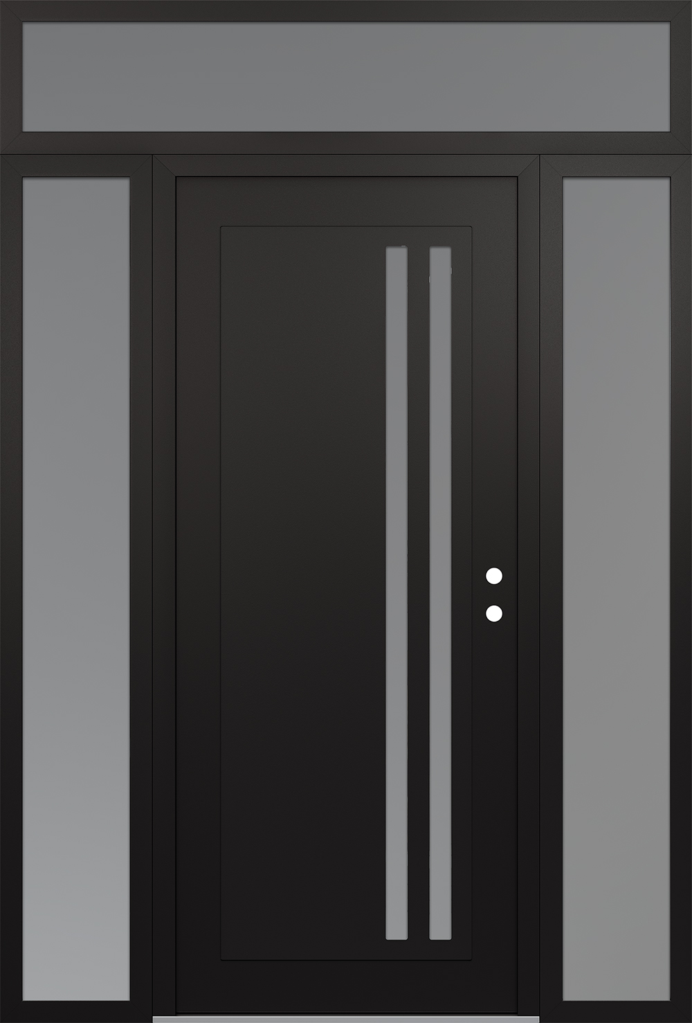 Modern Steel Front Door Diamond C6 68" x 96" black/white frosted Glass Panel black LHI with 2 Sidelites and Transom frosted Glass