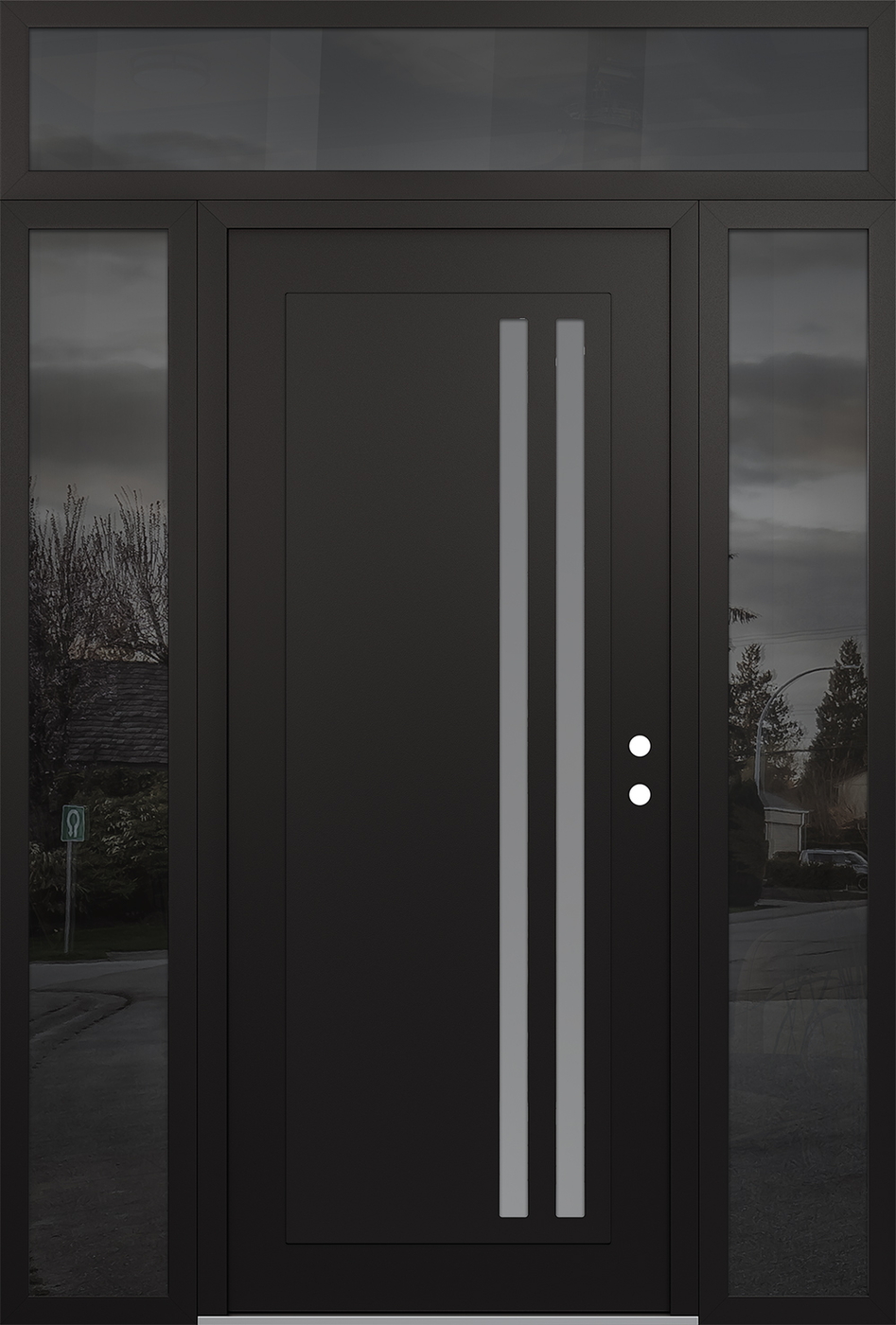 Modern Steel Front Door Diamond C6 68" x 96" black/white frosted Glass Panel black LHI with 2 Sidelites and Transom mirrored Glass