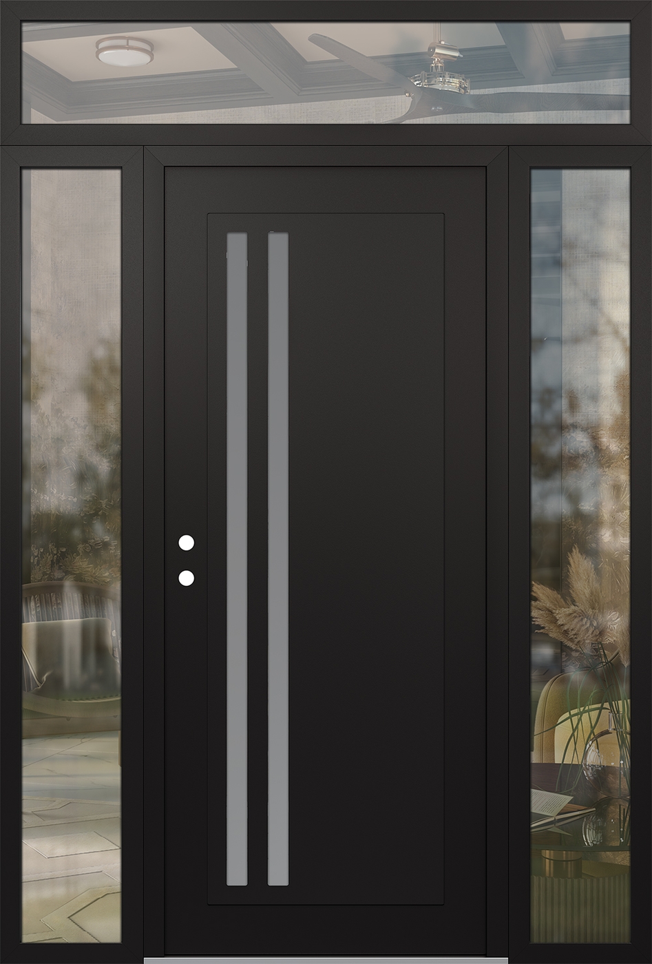 Modern Steel Front Door Diamond C6 68" x 96" black/white frosted Glass Panel black RHI with 2 Sidelites and Transom clear Glass