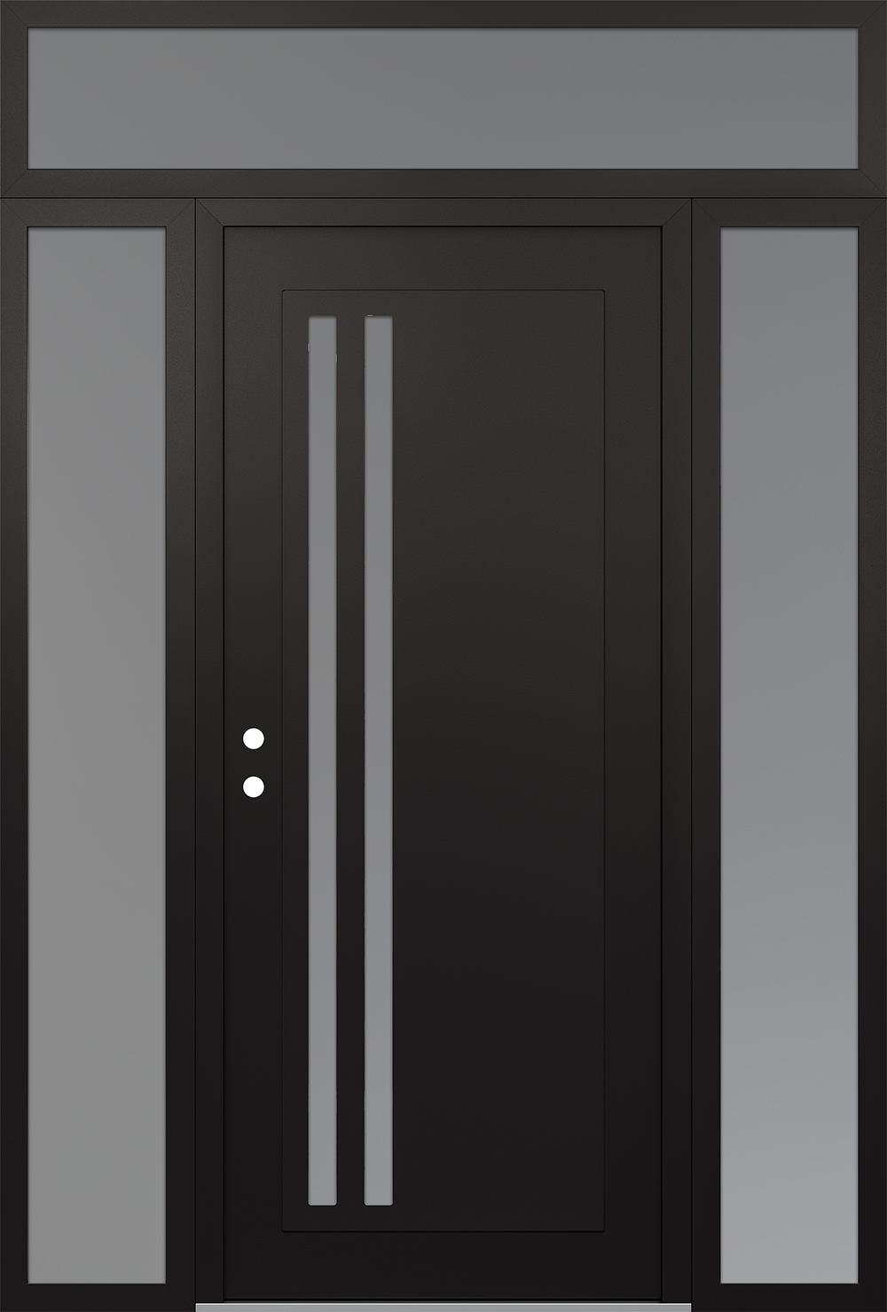 Modern Steel Front Door Diamond C6 68" x 96" black/white frosted Glass Panel black RHI with 2 Sidelites and Transom frosted Glass