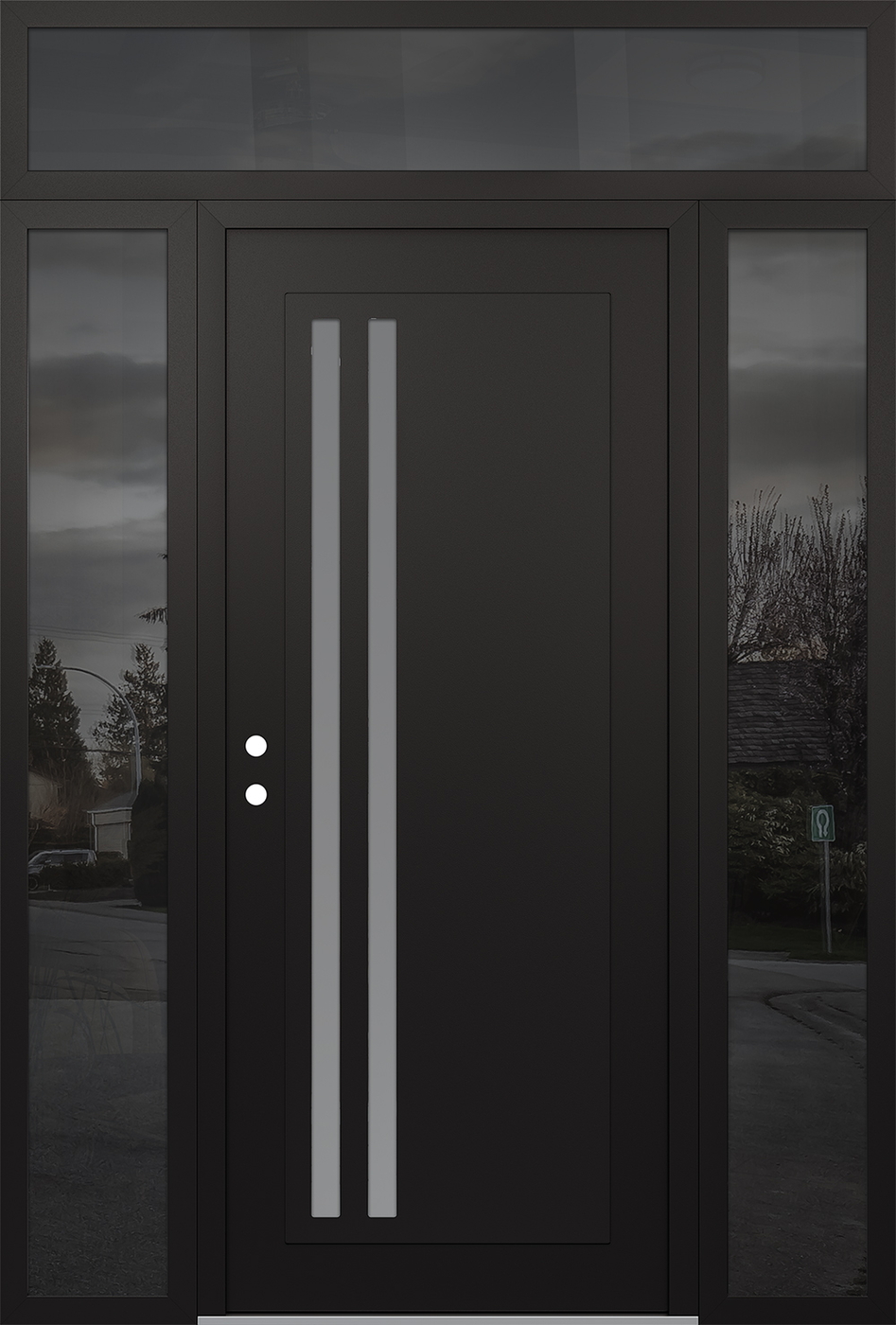 Modern Steel Front Door Diamond C6 68" x 96" black/white frosted Glass Panel black RHI with 2 Sidelites and Transom mirrored Glass