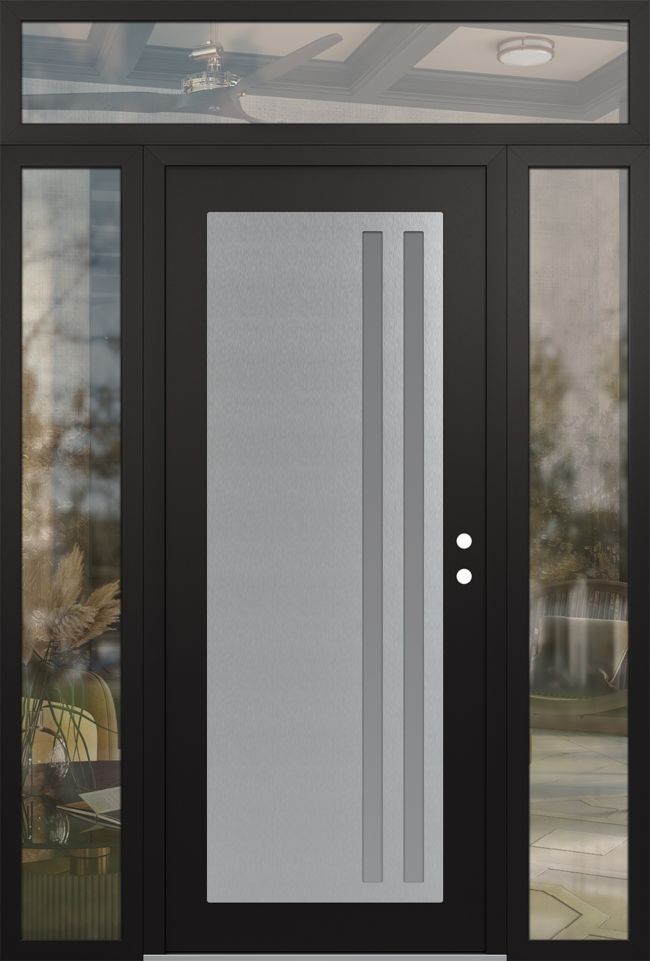 Modern Steel Front Door Diamond C6 68" x 96" black/white frosted Glass Panel stainless steel LHI with 2 Sidelites and Transom clear Glass