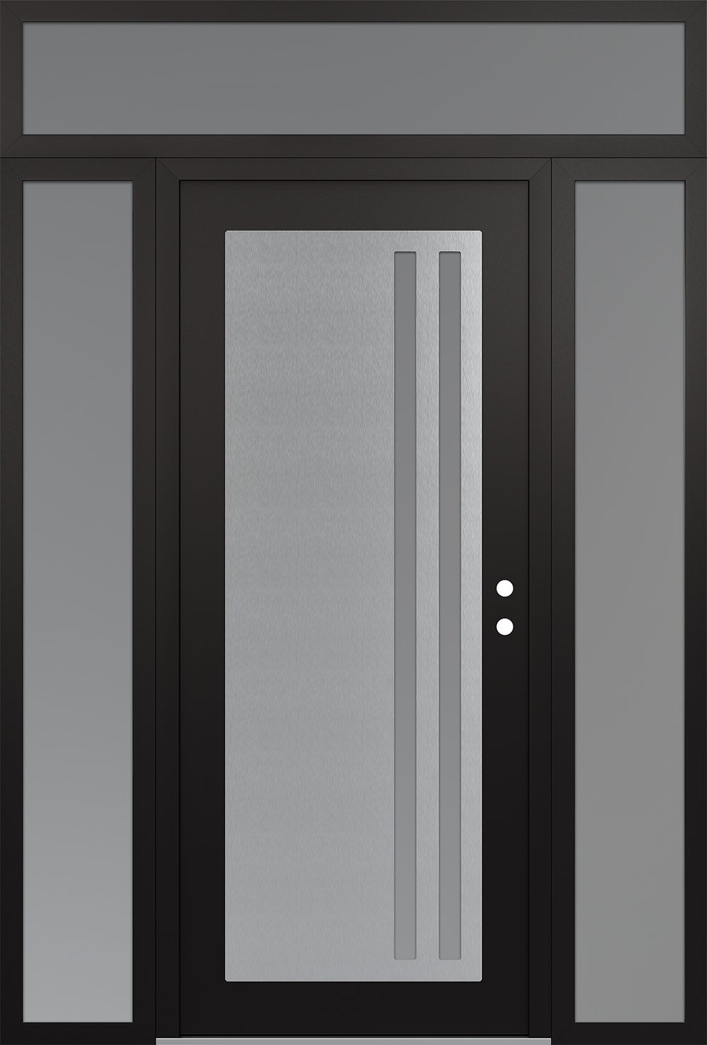 Modern Steel Front Door Diamond C6 68" x 96" black/white frosted Glass Panel stainless steel LHI with 2 Sidelites and Transom frosted Glass