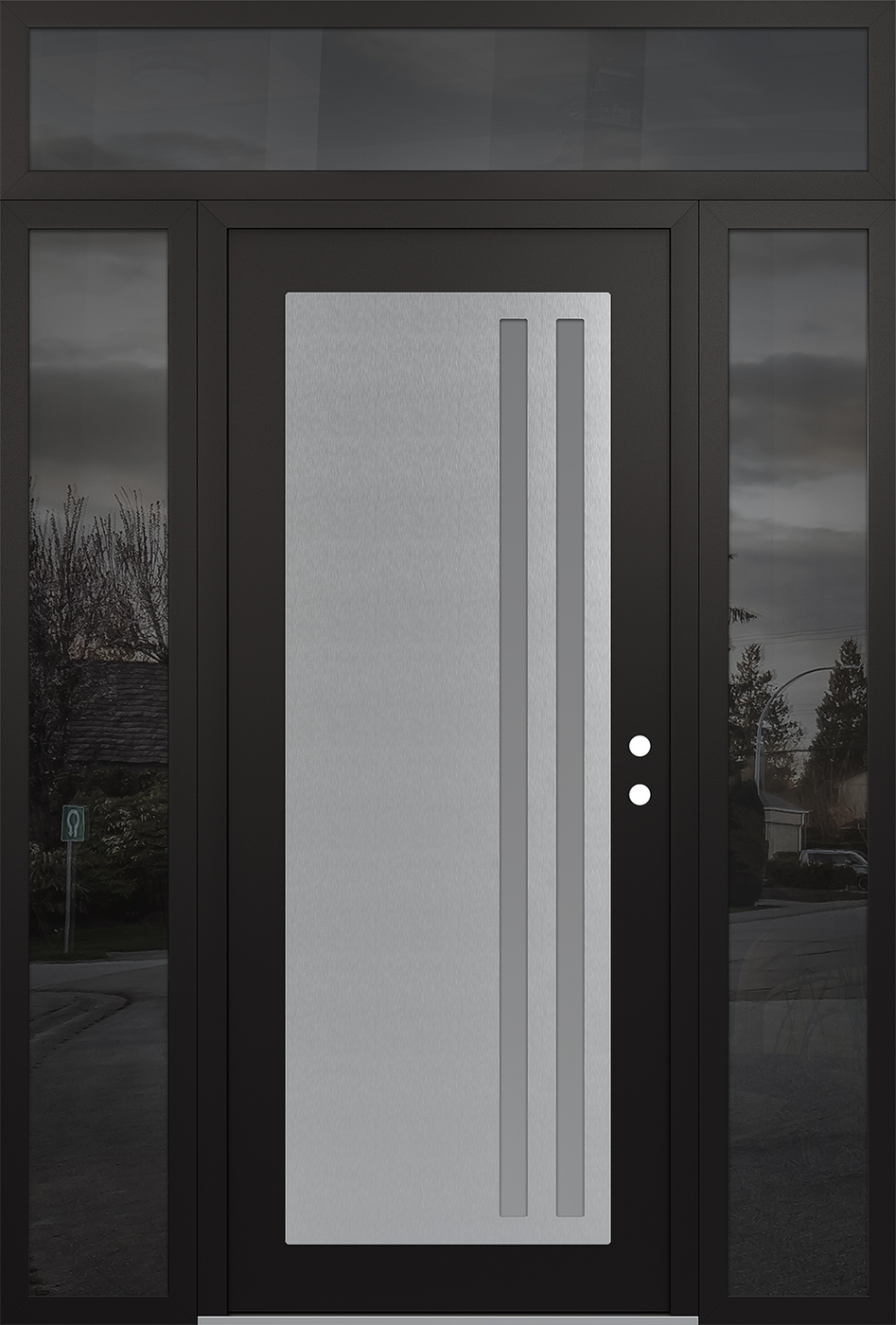 Modern Steel Front Door Diamond C6 68" x 96" black/white frosted Glass Panel stainless steel LHI with 2 Sidelites and Transom mirrored Glass