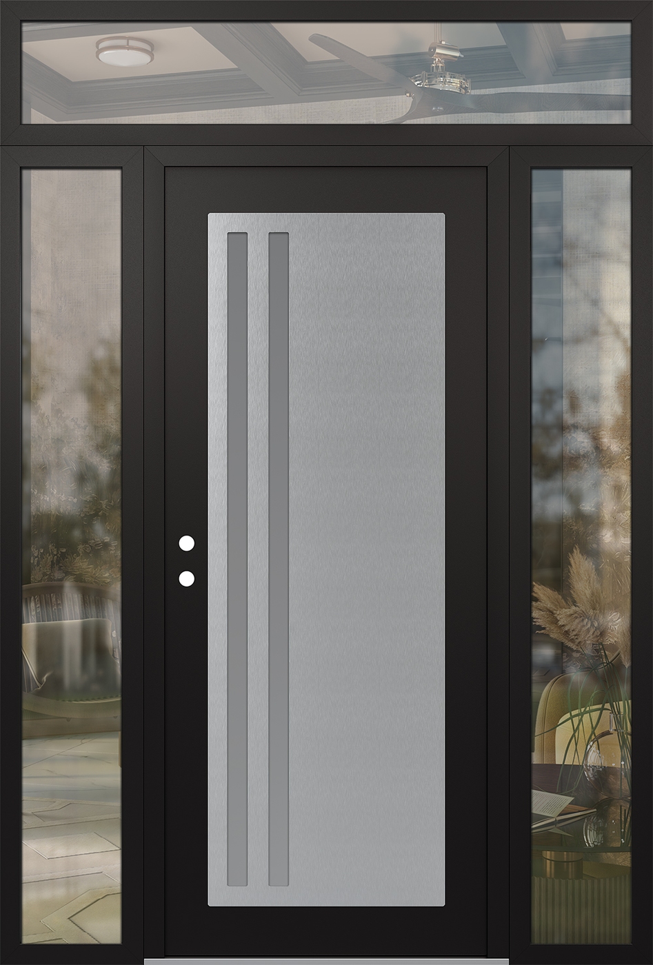Modern Steel Front Door Diamond C6 68" x 96" black/white frosted Glass Panel stainless steel RHI with 2 Sidelites and Transom clear Glass