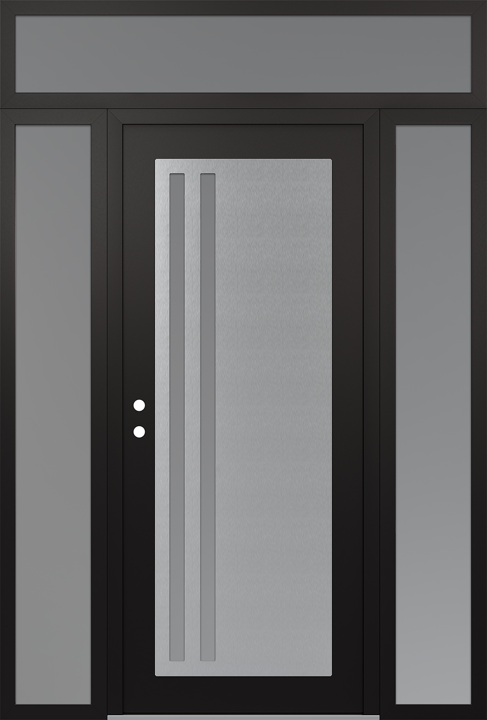 Modern Steel Front Door Diamond C6 68" x 96" black/white frosted Glass Panel stainless steel RHI with 2 Sidelites and Transom frosted Glass