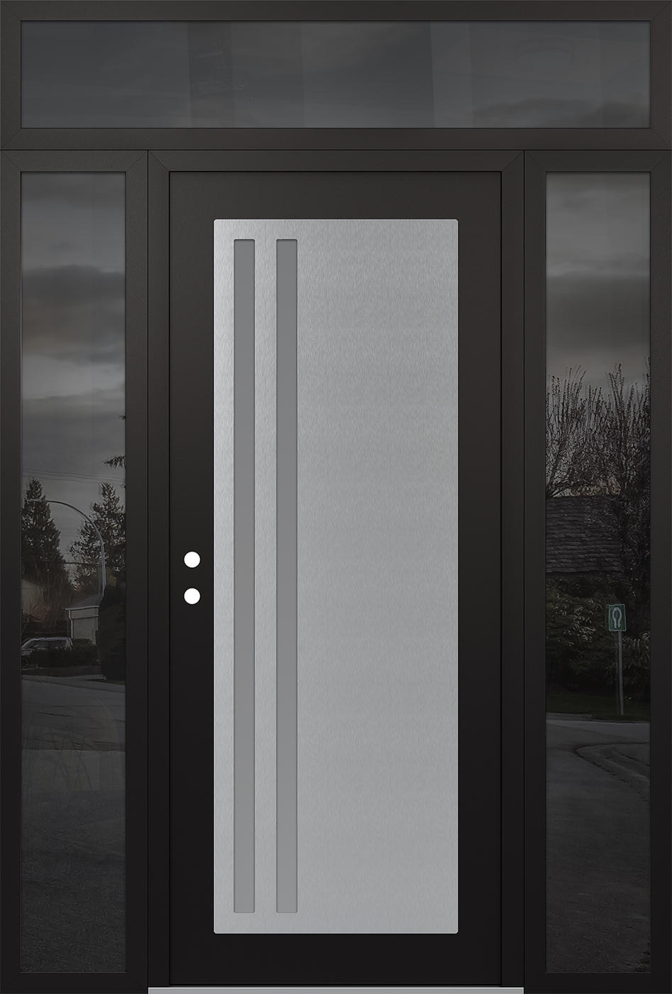 Modern Steel Front Door Diamond C6 68" x 96" black/white frosted Glass Panel stainless steel RHI with 2 Sidelites and Transom mirrored Glass
