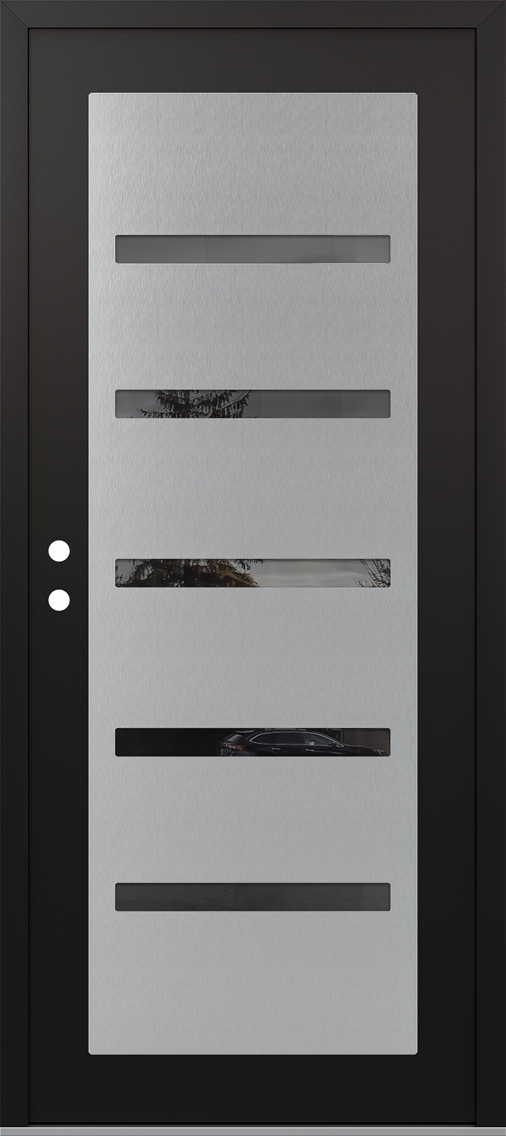 Modern Steel Front Door Diamond C7 36" x 80" black/black mirrored Glass Panel stainless steel RHI