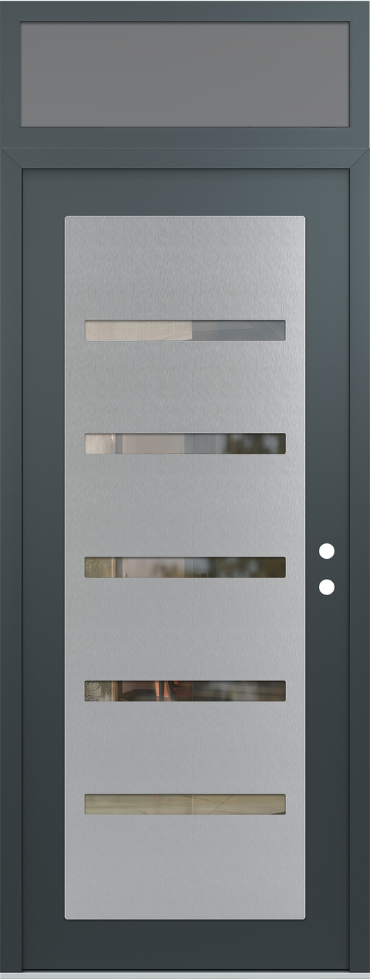 Modern Steel Front Door DIAMOND C7 36" X 96" ANTHRACITE/ANTHRACITE CLEAR GLASS PANEL STAINLESS STEEL LHI WITH TRANSOM FROSTED GLASS