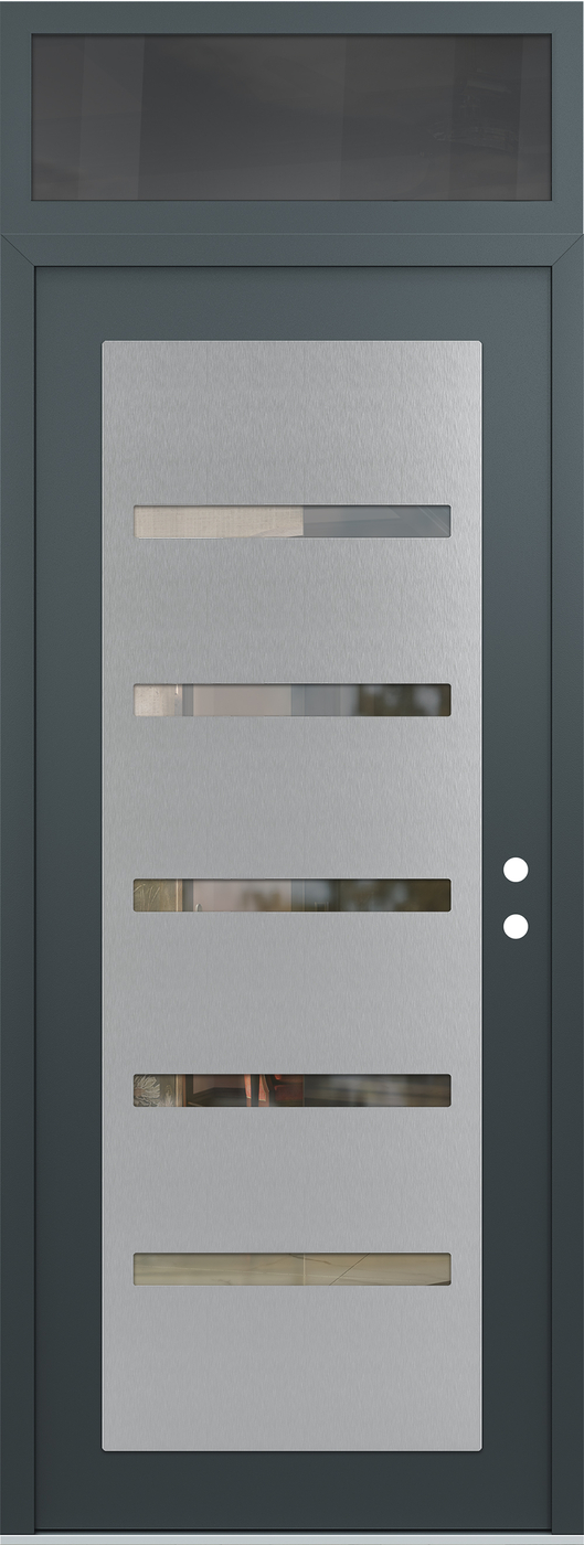 Modern Steel Front Door DIAMOND C7 36" X 96" ANTHRACITE/ANTHRACITE CLEAR GLASS PANEL STAINLESS STEEL LHI WITH TRANSOM MIRRORED GLASS