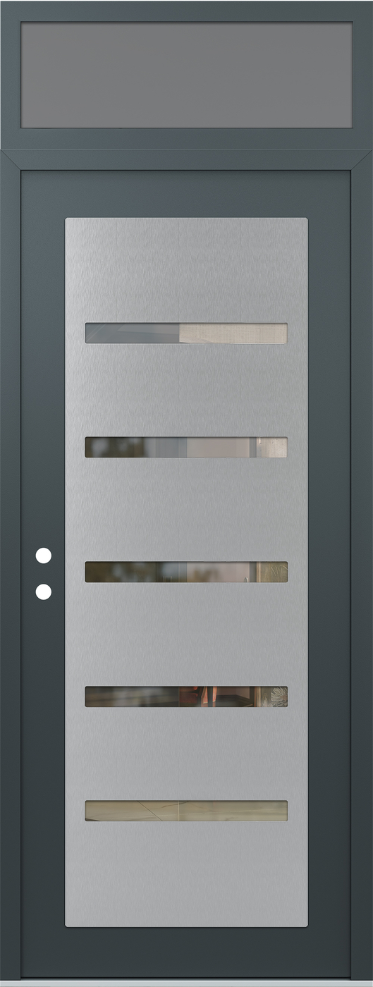 Modern Steel Front Door DIAMOND C7 36" X 96" ANTHRACITE/ANTHRACITE CLEAR GLASS PANEL STAINLESS STEEL RHI WITH TRANSOM FROSTED GLASS