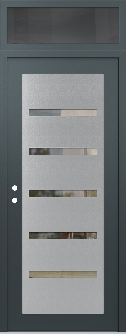 Modern Steel Front Door DIAMOND C7 36" X 96" ANTHRACITE/ANTHRACITE CLEAR GLASS PANEL STAINLESS STEEL RHI WITH TRANSOM MIRRORED GLASS