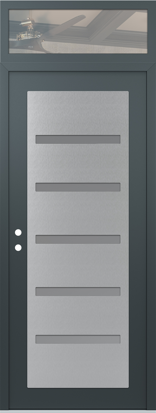 Modern Steel Front Door DIAMOND C7 36" X 96" ANTHRACITE/ANTHRACITE FROSTED GLASS PANEL STAINLESS STEEL RHI WITH TRANSOM CLEAR GLASS