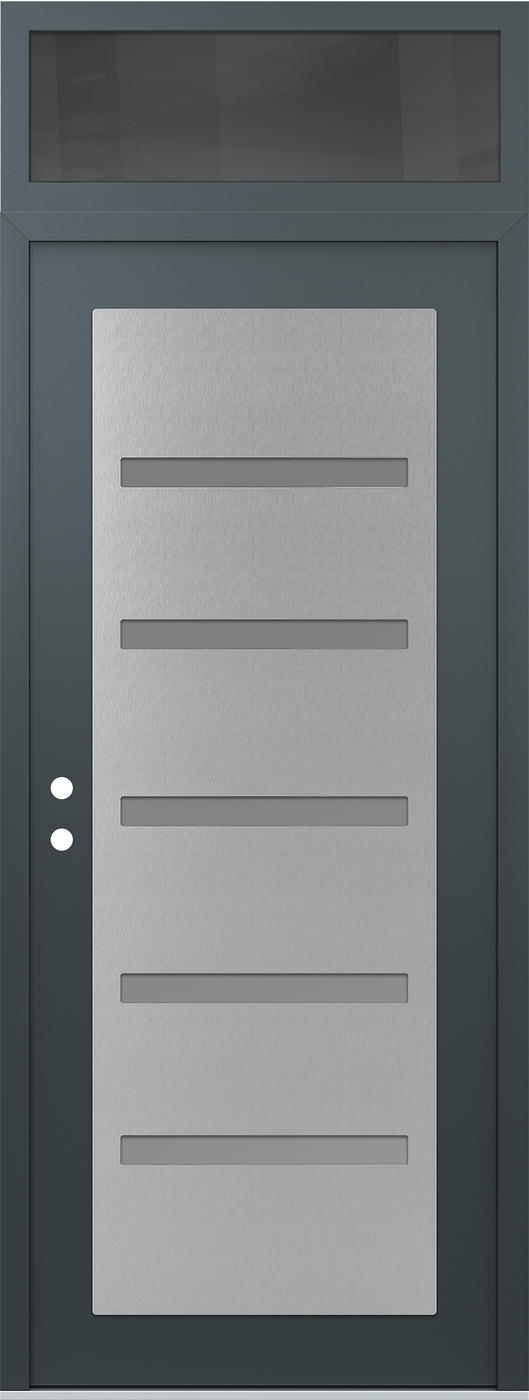 Modern Steel Front Door DIAMOND C7 36" X 96" ANTHRACITE/ANTHRACITE FROSTED GLASS PANEL STAINLESS STEEL RHI WITH TRANSOM MIRRORED GLASS