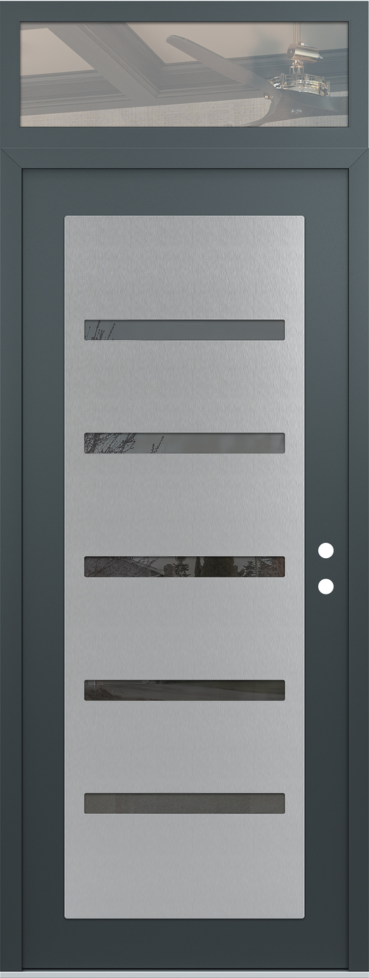 Modern Steel Front Door DIAMOND C7 36" X 96" ANTHRACITE/ANTHRACITE MIRRORED GLASS PANEL STAINLESS STEEL LHI WITH TRANSOM CLEAR GLASS