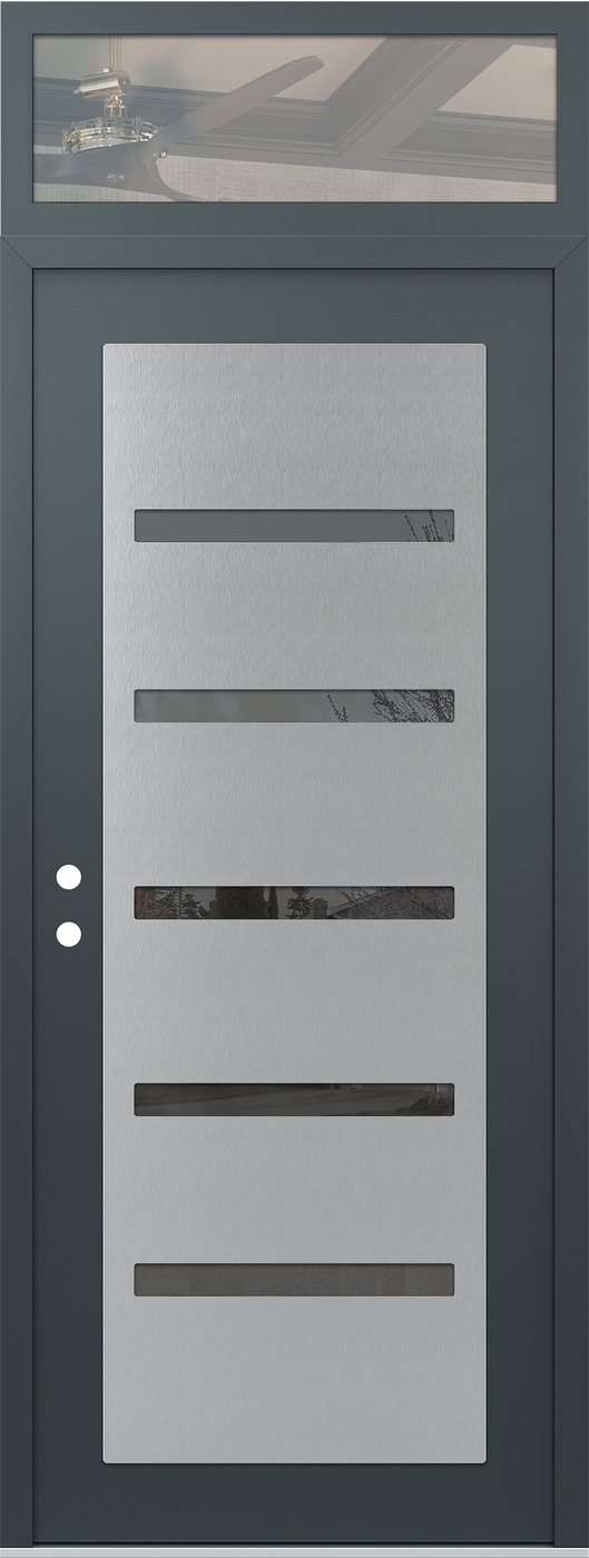 Modern Steel Front Door DIAMOND C7 36" X 96" ANTHRACITE/ANTHRACITE MIRRORED GLASS PANEL STAINLESS STEEL RHI WITH TRANSOM CLEAR GLASS