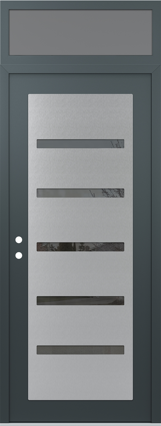 Modern Steel Front Door DIAMOND C7 36" X 96" ANTHRACITE/ANTHRACITE MIRRORED GLASS PANEL STAINLESS STEEL RHI WITH TRANSOM FROSTED GLASS