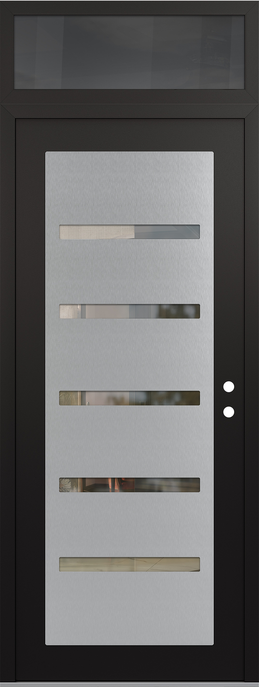 Modern Steel Front Door DIAMOND C7 36" X 96" BLACK/BLACK CLEAR GLASS PANEL STAINLESS STEEL LHI WITH TRANSOM MIRRORED GLASS