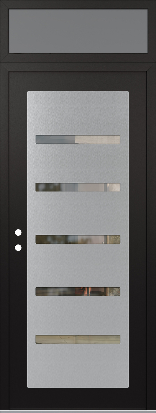 Modern Steel Front Door DIAMOND C7 36" X 96" BLACK/BLACK CLEAR GLASS PANEL STAINLESS STEEL RHI WITH TRANSOM FROSTED GLASS