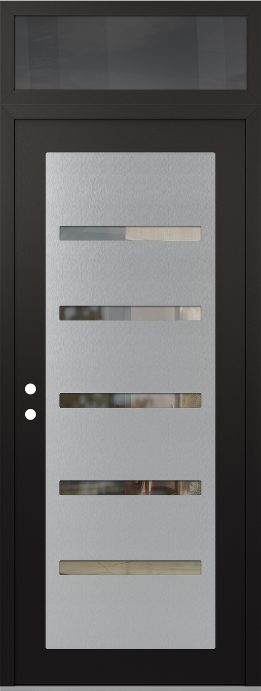 Modern Steel Front Door DIAMOND C7 36" X 96" BLACK/BLACK CLEAR GLASS PANEL STAINLESS STEEL RHI WITH TRANSOM MIRRORED GLASS
