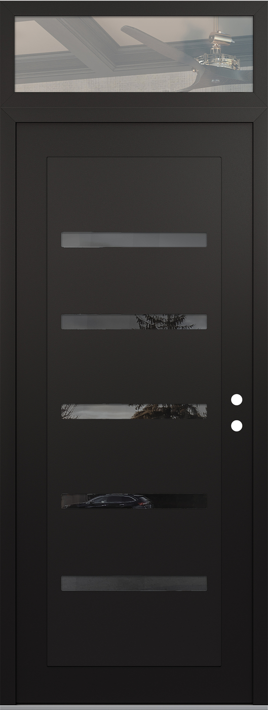 Modern Steel Front Door DIAMOND C7 36" X 96" BLACK/BLACK MIRRORED GLASS PANEL BLACK LHI WITH TRANSOM CLEAR GLASS