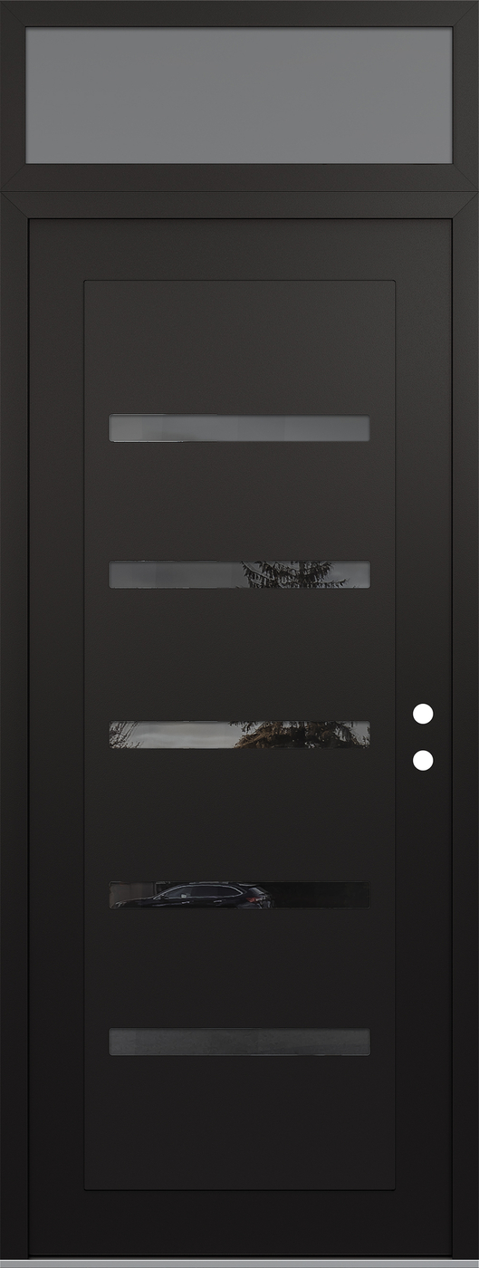 Modern Steel Front Door DIAMOND C7 36" X 96" BLACK/BLACK MIRRORED GLASS PANEL BLACK LHI WITH TRANSOM FROSTED GLASS