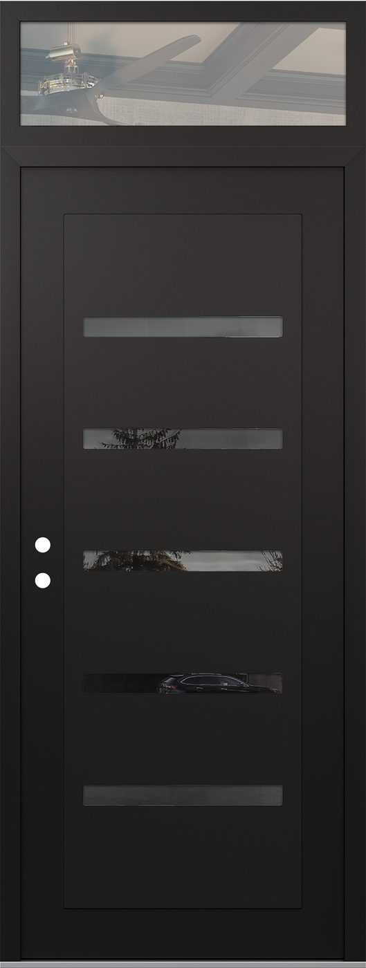 Modern Steel Front Door DIAMOND C7 36" X 96" BLACK/BLACK MIRRORED GLASS PANEL BLACK RHI WITH TRANSOM CLEAR GLASS