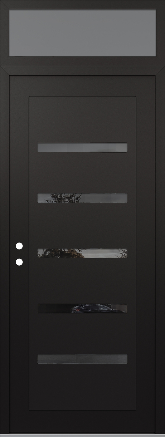 Modern Steel Front Door DIAMOND C7 36" X 96" BLACK/BLACK MIRRORED GLASS PANEL BLACK RHI WITH TRANSOM FROSTED GLASS