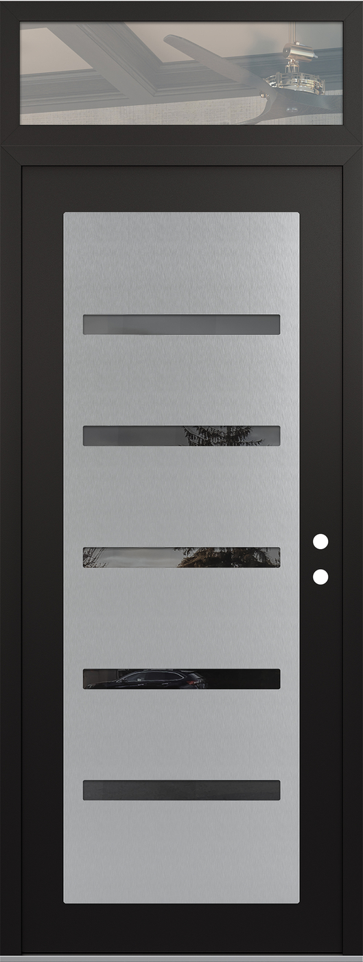 Modern Steel Front Door DIAMOND C7 36" X 96" BLACK/BLACK MIRRORED GLASS PANEL STAINLESS STEEL LHI WITH TRANSOM CLEAR GLASS