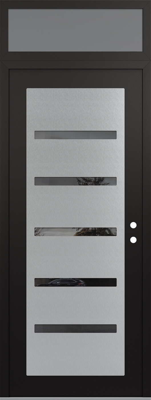Modern Steel Front Door DIAMOND C7 36" X 96" BLACK/BLACK MIRRORED GLASS PANEL STAINLESS STEEL LHI WITH TRANSOM FROSTED GLASS