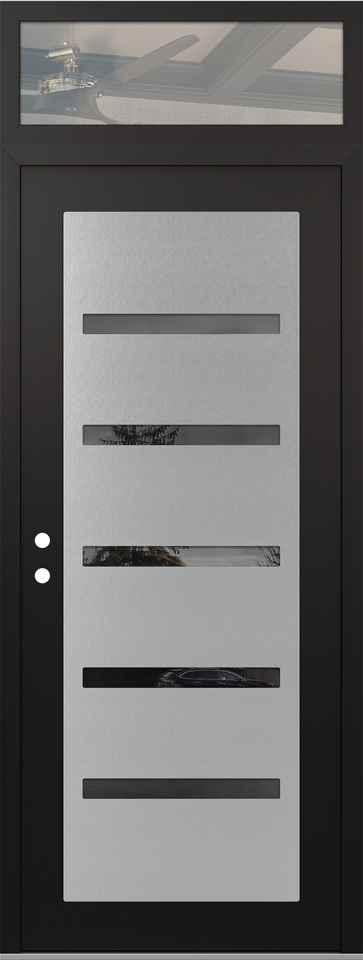 Modern Steel Front Door DIAMOND C7 36" X 96" BLACK/BLACK MIRRORED GLASS PANEL STAINLESS STEEL RHI WITH TRANSOM CLEAR GLASS