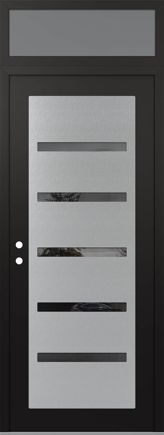 Modern Steel Front Door DIAMOND C7 36" X 96" BLACK/BLACK MIRRORED GLASS PANEL STAINLESS STEEL RHI WITH TRANSOM FROSTED GLASS