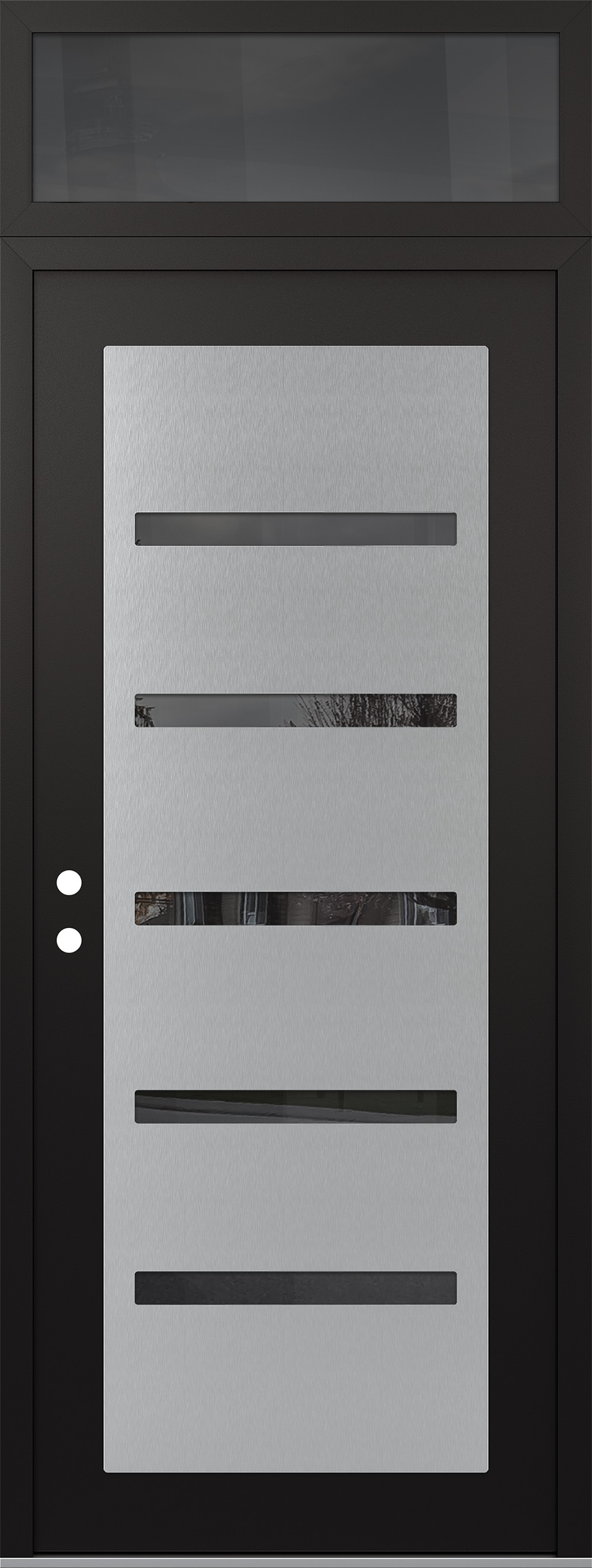 Modern Steel Front Door DIAMOND C7 36" X 96" BLACK/BLACK MIRRORED GLASS PANEL STAINLESS STEEL RHI WITH TRANSOM MIRRORED GLASS
